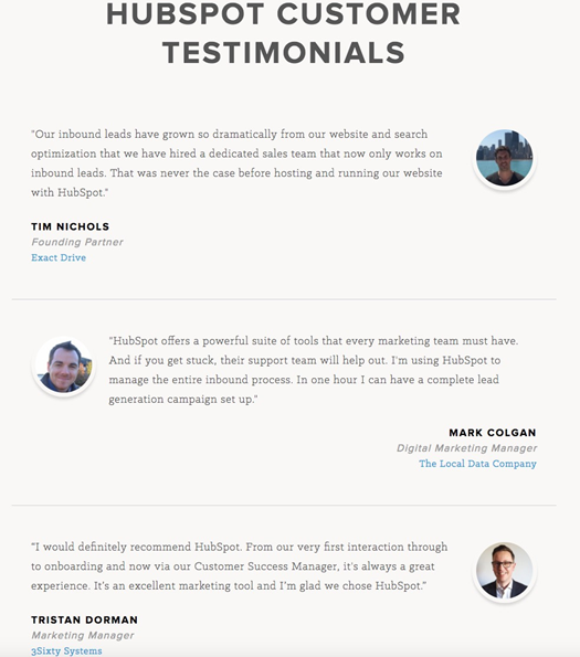 HubSpot的客戶評價頁面突出顯示了客戶積極正面的評價，給新的潛在客戶灌輸對HubSpot的信任。